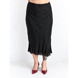 Vintage 40s 50s Black Rayon Acetate Slip Skirt Lace Pleated Flounce Midi S/M
